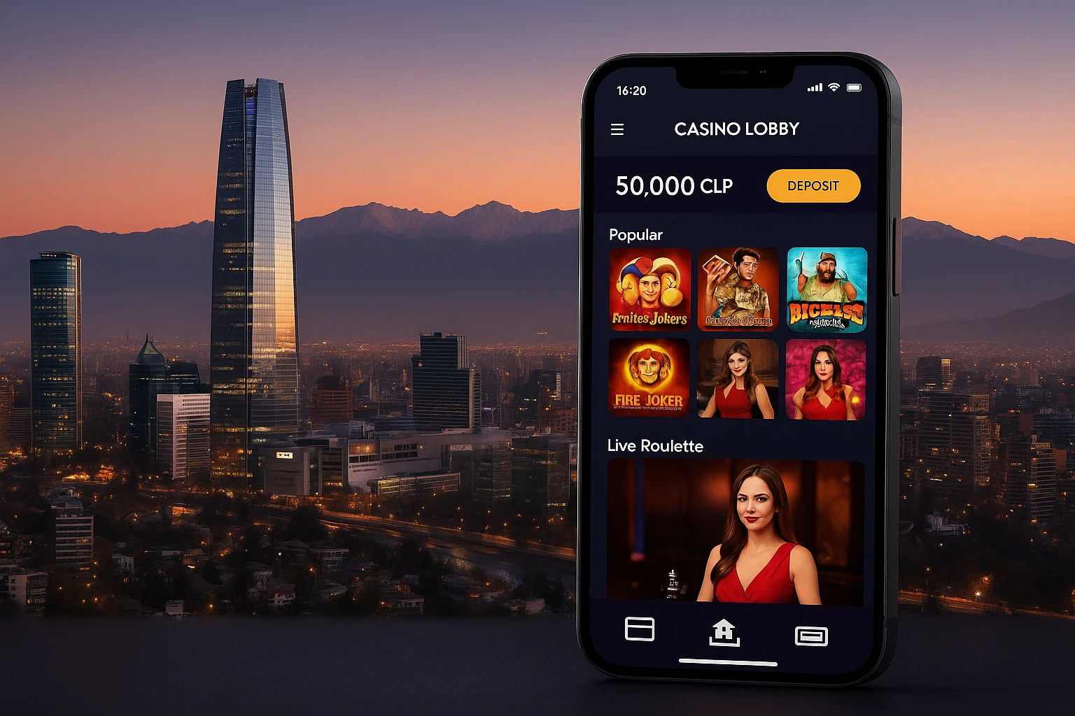 Mi casino en Chile: imagen principal con celular, juegos de casino y pagos seguros en CLP.
